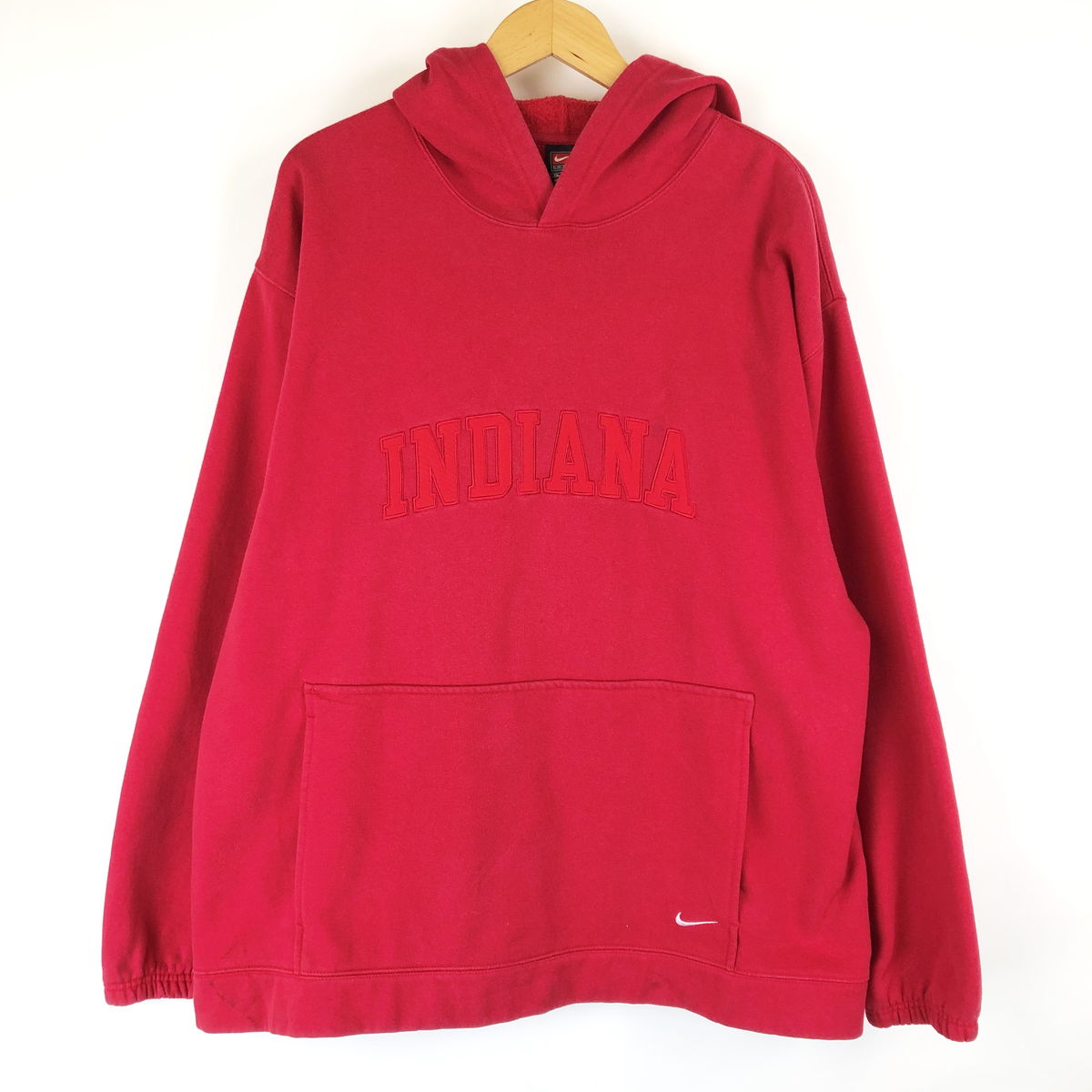 【古着】 NIKE ナイキ ロゴプリントパーカー INDIANA hoosiers ワッペン フード刺繍 レッド系 メンズXL n014492