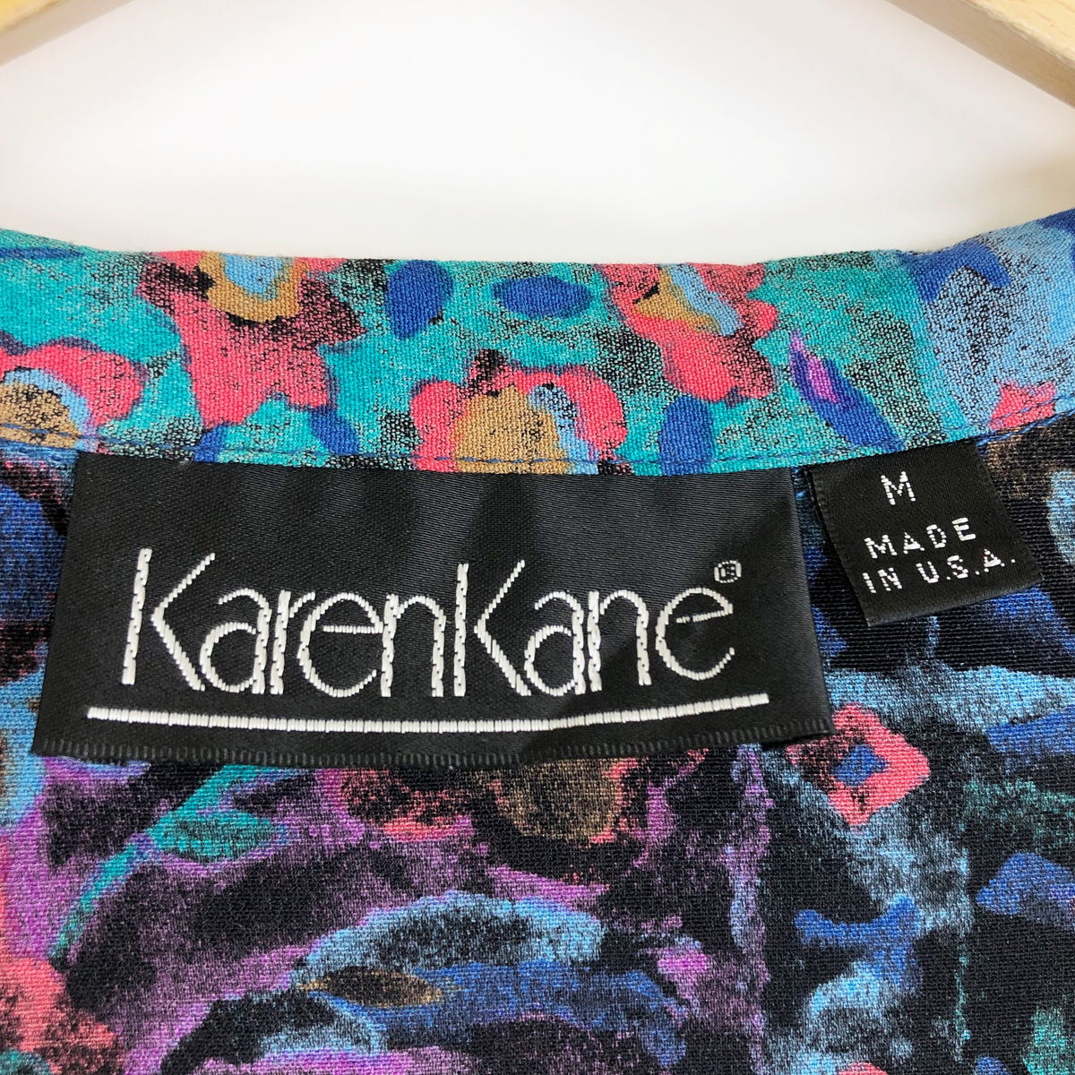 KarenKane テーラードジャケットmadeinUSAロングジャケットお花アート総柄薄手素材 ブルー系 レディースM 3