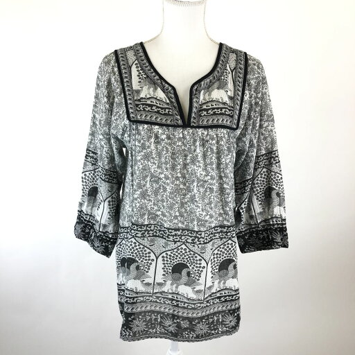 VERO MODA プリントチュニック 切り替えデザイン 小花 ボタニカル 半端袖 グレー系 レディースL n018853 VERO MODA プリントチュニック 切り替えデザイン 小花 ボタニカル 半端袖 グレー系 レディースL n018853