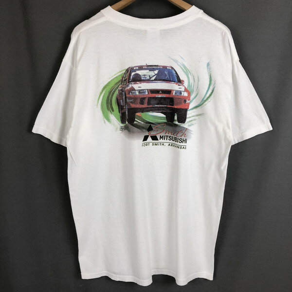 【古着】 プリントTシャツ　三菱　ラリーカー　自動車　バックプリント ホワイト系 メンズL 【中古】 n019966