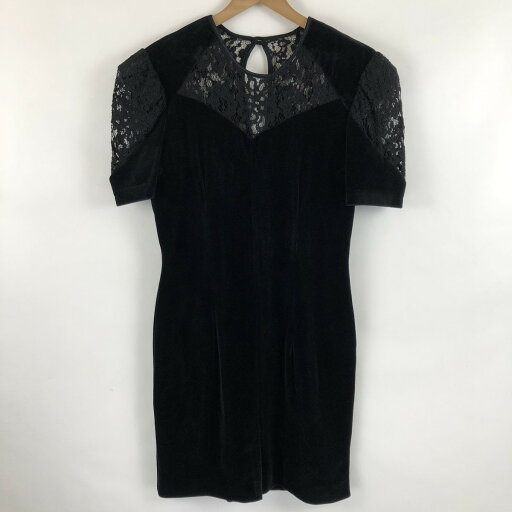 【古着】 ベロアワンピース タイトシルエット レース使い ヴィンテージ 半袖 ブラック系 レディースS n021988 【古着】 ベロアワンピース タイトシルエット レース使い ヴィンテージ 半袖 ブラック系 レディースS n021988