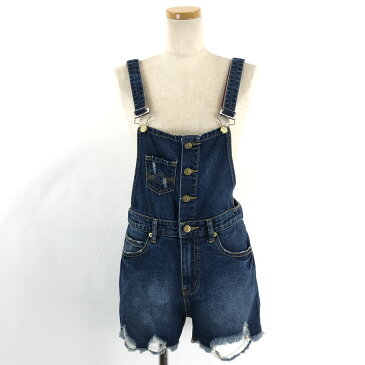 【古着】 TBY DENIM デニムサロペット ショート丈 ダメージ加工 ネイビー系 レディースW30 【中古】 n024537