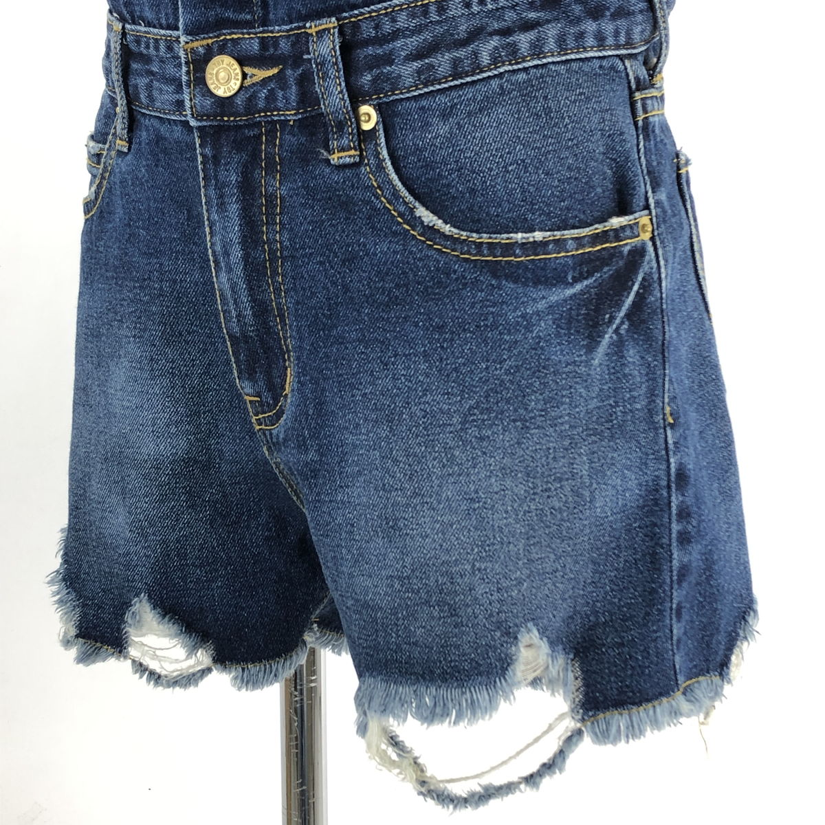 【古着】 TBY DENIM デニムサロペット ショート丈 ダメージ加工 ネイビー系 レディースW30 【中古】 n024537