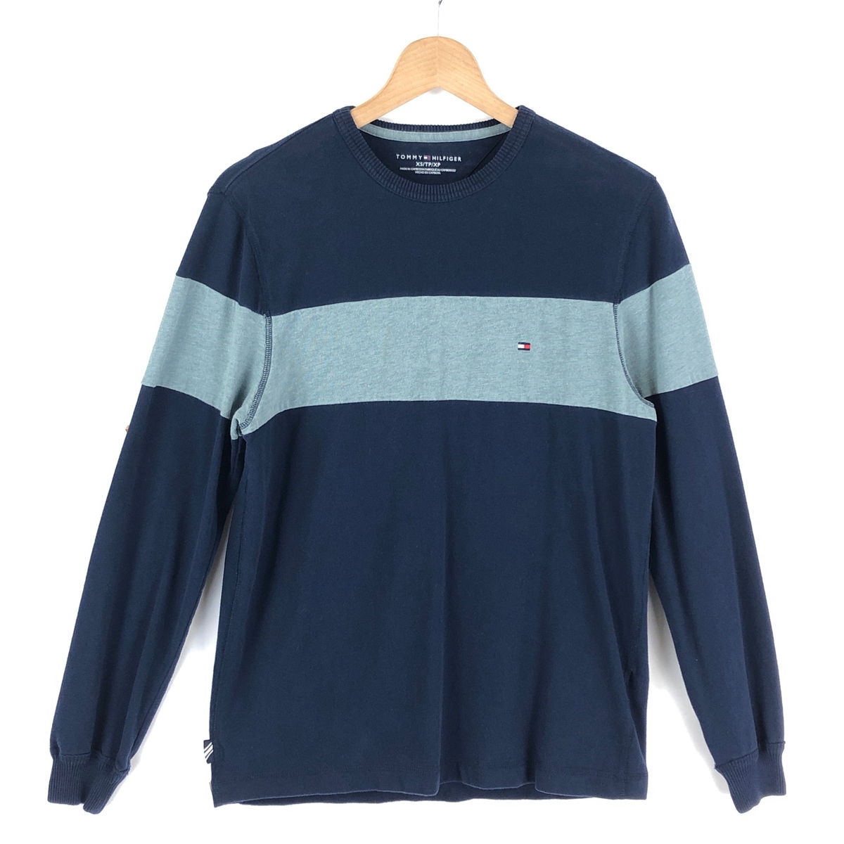 【古着】 TOMMY HILFIGER トミー・ヒルフィガー 無地Tシャツ 切り換えデザイン 長袖 ネイビー系 メンズXS 【中古】 n025409