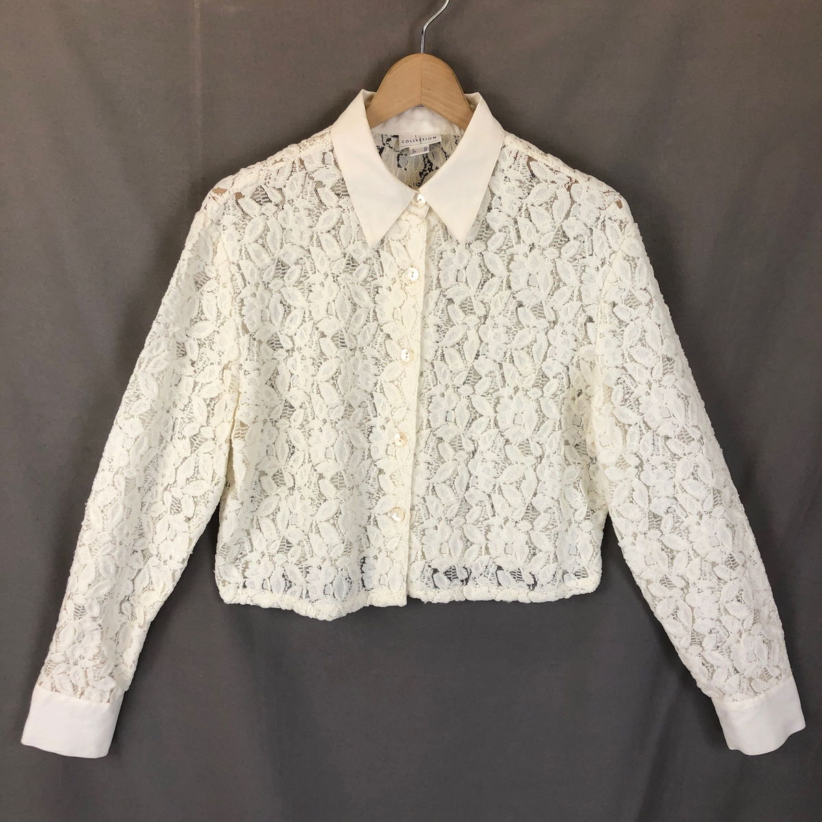 【古着】 レースブラウス 総レース 花柄 ショート丈 長袖 ホワイト系 レディースL 【中古】 n025854