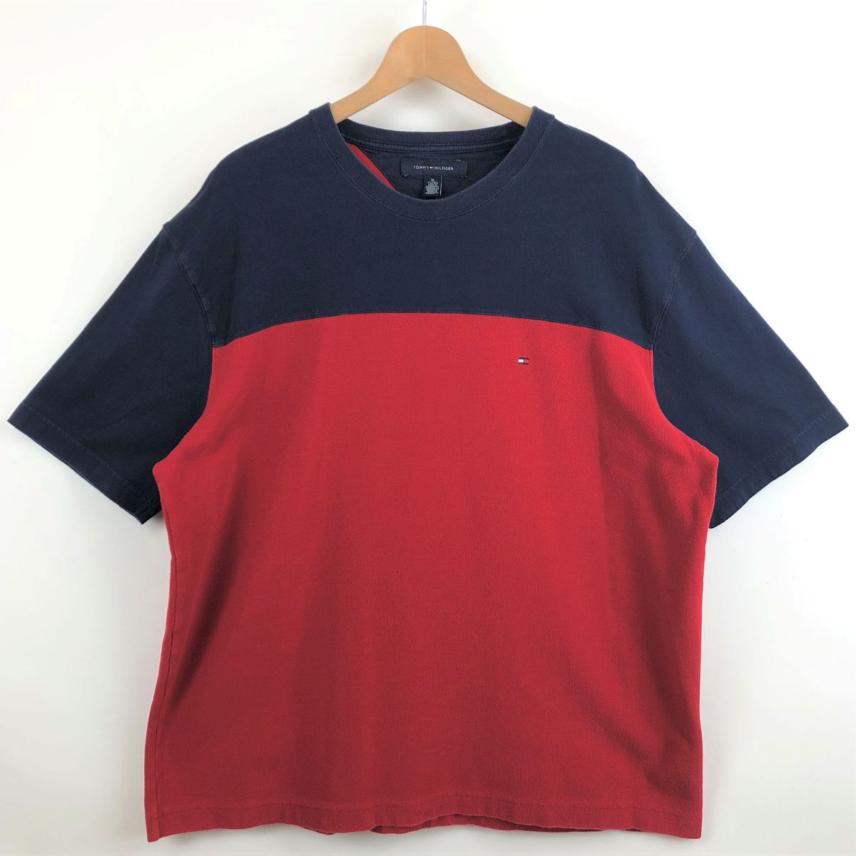 【古着】 TOMMY HILFIGER トミー・ヒルフィガー 無地Tシャツ ワンポイント刺繍 配色デザイン 異素材切換え レッド系 メンズXL 【中古】 n029360