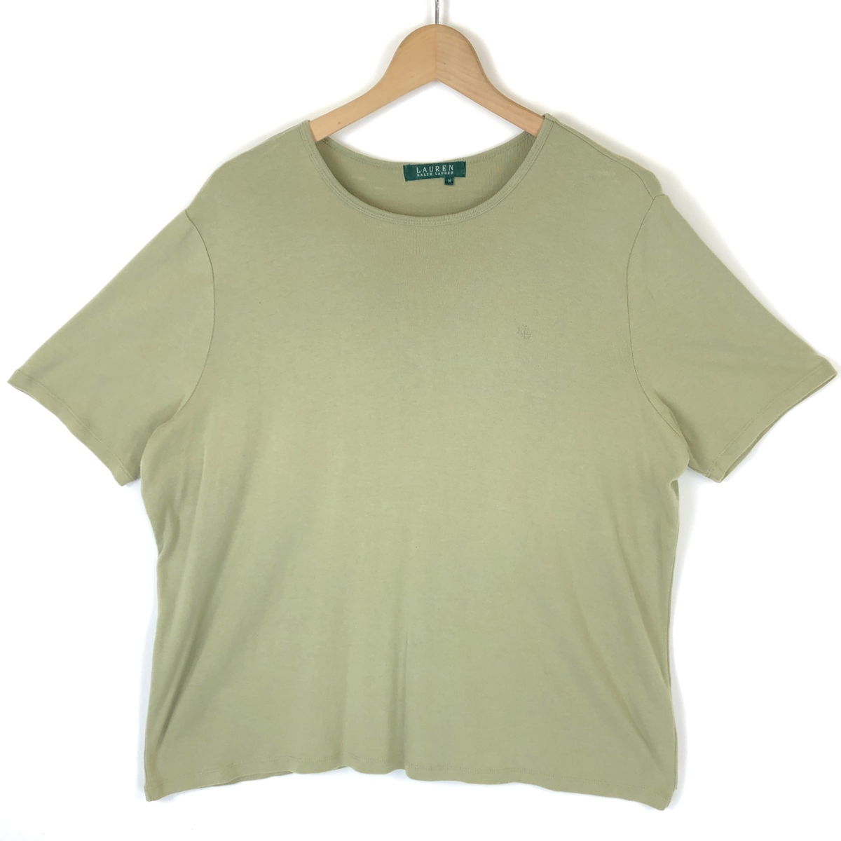 【古着】 RALPH LAUREN ラルフローレン LAUREN 無地Tシャツ ワンポイント刺繍 グリーン系 レディースXL 【中古】 n030796