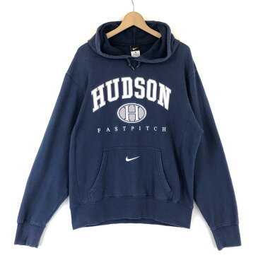 【古着】 NIKE ナイキ ロゴプリントパーカー HUDSON 刺繍 ワッペン 刺繍 ネイビー系 メンズS 【中古】 n031869