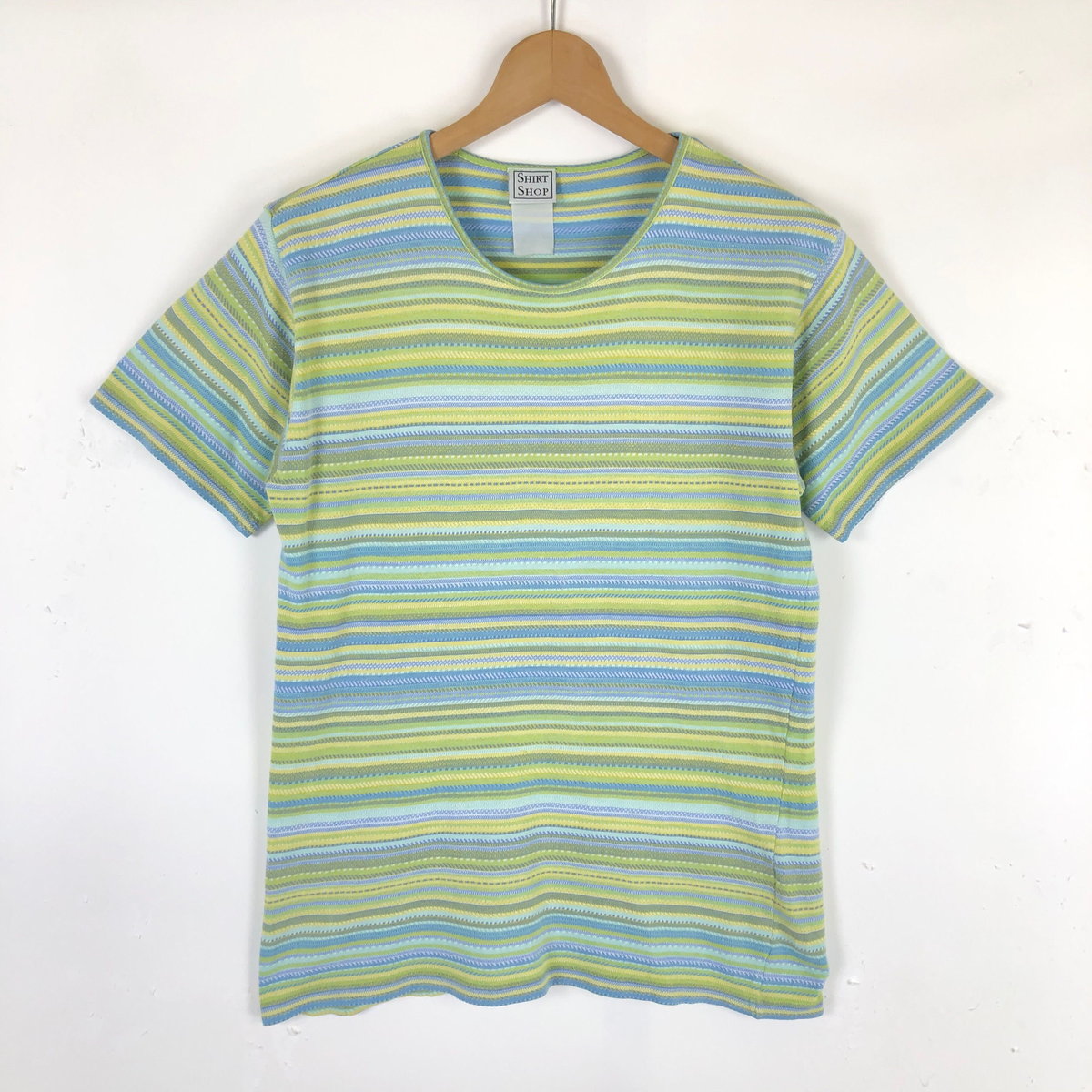 【古着】 Tシャツ ボーダー ジャガード グリーン系 レディースS 【中古】 n038070