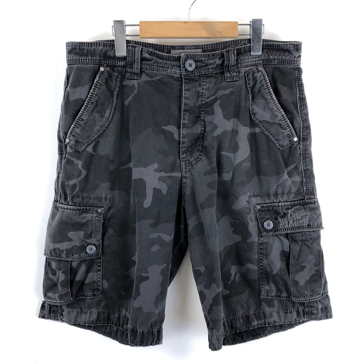 【古着】 TRIPLE FIVE SOUL ショートパンツ カモフラ カーゴショーツ 後染め ダメージ加工 90年代 ブラック系 メンズW34 【中古】 n046227