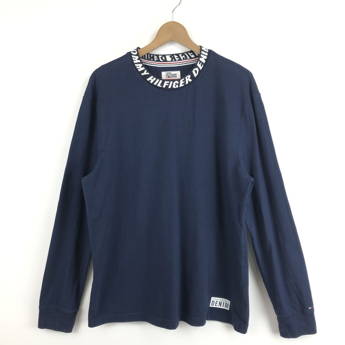 【古着】 TOMMY HILFIGER トミー・ヒルフィガー Tシャツ 無地 ジャガードリブ 長袖 ネイビー系 メンズL 【中古】 n052654