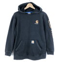 【古着】 Carhartt カーハート スウェットパーカー 半端袖 袖プリント やや厚手 ブラック系 ユースL 【中古】 n058071(4)