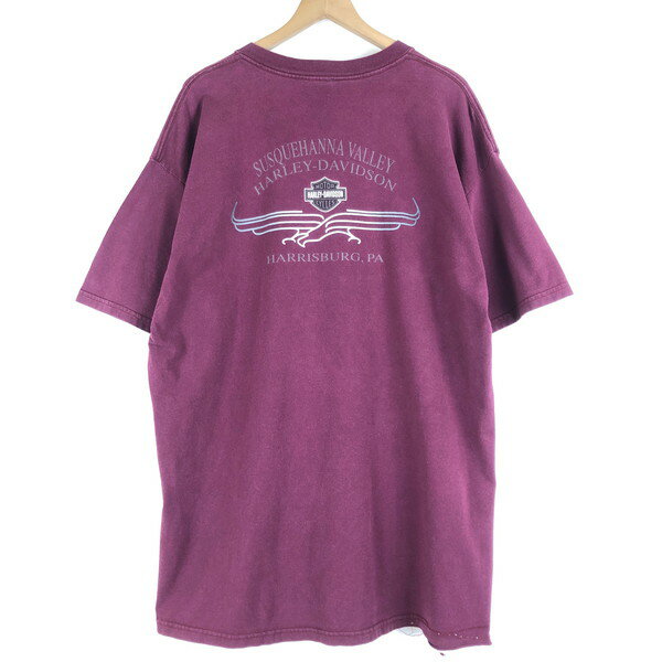 【古着】 Harley-Davidson ハーレーダビッドソン Tシャツ バー&シールドロゴ 両面プリント SUSQUEHANNA VALLEY USA製 ワイン系 メンズXL 【中古】 n058190