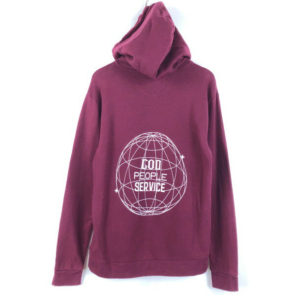 【古着】 プリントパーカー スウェット GOD PEOPLE SERVIS バックプリント メンズM ワイン系 【中古】 n061089