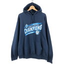 【古着】 GILDAN プリントパーカー カレッジプリント YORKTOWN バックプリント メンズL ネイビー系 【中古】 n061100
