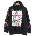 【古着】 プリントパーカー OCEAN SHORES Sサイズ ブラック系 【中古】 n061722