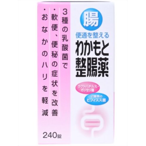 リスク分類・区分 医薬部外品　日本製 商品説明文 2種類のビフィズス菌が、主に大腸で有害菌の増殖を抑えて、おなかの調子を整えます。 ガッセリ菌が、主に小腸で有害菌の増殖を抑えて、おなかの調子を整えます。 使用上の注意 次の人は服用前に医師又は薬剤師に相談してください。 　　　医師の治療を受けている人 服用に際して、次のことに注意して下さい。 定められた用法・用量を守ってください。 小児に服用させる場合には、保護者の指導監督のもとに服用させてください。 のどにつまらせるといけませんので、本剤は5歳未満の乳幼児には服用させないでください。 服用中又は服用後は、次のことに注意してください。 本剤の服用により、まれに軟便又は下痢を生じることがあります。 1ヵ月位服用しても症状の改善がみられない場合には、一時服用を中止し、医師又は薬剤師に相談してください。 その他 錠剤に微小な斑点が見受けられることもありますが、これは成分によるもので、品質には問題ありません。 成分・分量 6錠(1日量)中 　　　ビフィズス菌　　　72mg (ビフィドバクテリウム・ロンガム菌散) (ビフィドバクテリウム・ビフィダム菌散) 　　　ラクトミン　　　　 36mg (ラクトバチルス・アシドフィルス菌散) (新分類名:ラクトバチルス・ガッセリ菌散) 効能・効果 整腸(便通を整える)、便秘、軟便 腹部膨満感 用法・用量 次の用量を1日3回、朝昼夕食後服用してください。 15歳以上・・・・・・・・・・・・・・・・・・1回2錠 5歳以上15歳未満・・・・・・・・・・1回1錠 お問い合わせ先 わかもと製薬株式会社 お客様相談室 03-3279-1221 受付時間 9：00-17：30(土、日、祝日を除く) 製販売元 わかもと製薬株式会社 発売元 わかもと製薬株式会社 広告文責 古市健康薬局 TEL 072-956-4113