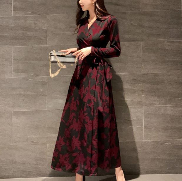 きれいめ レディース ファッション フレアワンピース 30代 40代 ファッション フレアワンピース カシュクールワンピース ワンピ レディース 40代 50代 ファッション 上品 きれいめ 春秋 セクシー ワンピ フレア 膝丈 花柄 フラワー 長袖 ロング 大人服