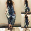 花柄 プリント デニムパンツ オーバーオール レディース デニム ゆったり 軽い サロペ デニム パンツ 40代 サロペット デニム 50 代 サロペット コー...