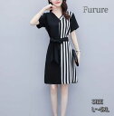 きれいめワンピース 30代 韓国ファッション レディース 大きいサイズ L~5XL バイカラー ワンピ ひざ上 春 夏 秋 冬 オールシーズン 半袖 Vネック ストライプ×ブラック