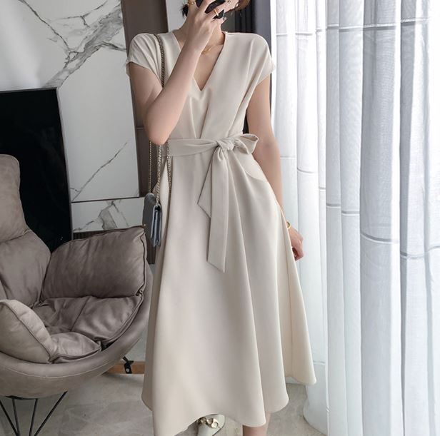 きれいめワンピース 30代 韓国ファッション レディース 大きいサイズ XS/S/M/L/ ウエストマーク レトロワンピ ブイネック レディース ロング丈 半袖...