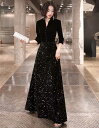 きれいめレディースファッション 大きいサイズ XS/S/M/L/XL/2XL シアードレス ブラック ドレス きらきらスカート スパンコール ウエストリボン ブ...