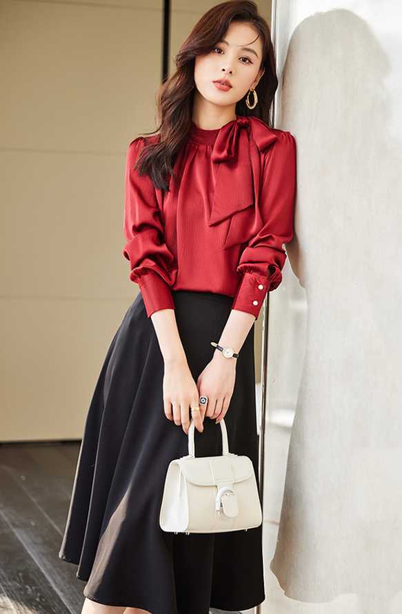 秋新作! リボン襟ブラウス×パンツ リボン襟ブラウス×スカート 2種類セットアップ オルチャン 韓国ファッション アセテート素材 大きいサイズ S/M/L/XL...