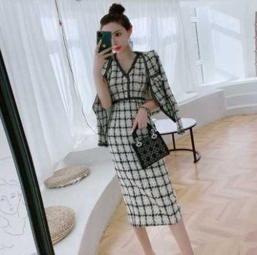 きれいめワンピース レディースファッション 韓国ファッション S/M/L/XL チェック ツィードセットアップ タイトスカート 格子柄 ホワイト スリット 長袖...