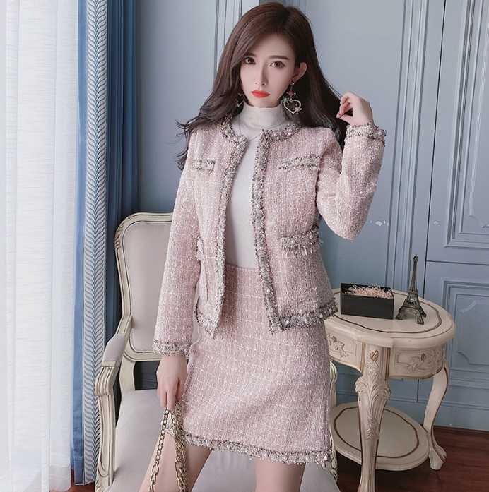 きれいめワンピース レディースファッション 韓国ファッション 大きいサイズ S/M/L/XL ツィードワンピース×ジャケット ラウンドネック Aライン ミニスカ...