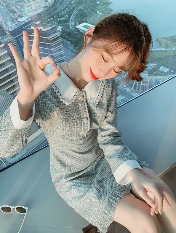 きれいめワンピース レディースファッション 韓国ファッション 大きいサイズ S/M/L/XL ツィードワンピ フリンジスカート Aライン 長袖 ひざ丈 20代 ...