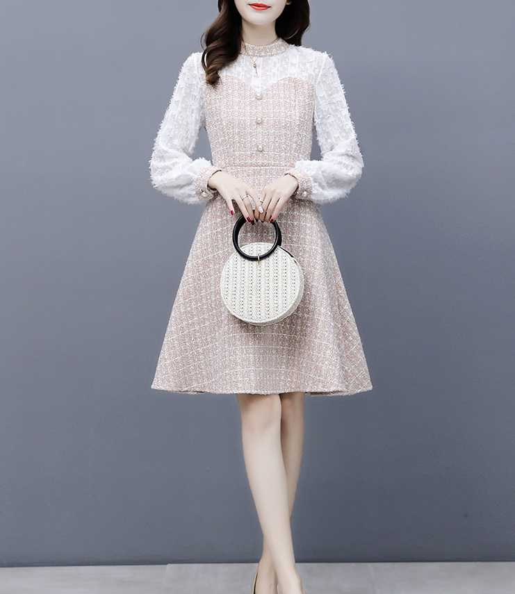 きれいめワンピース レディースファッション 韓国ファッション ワンピース 大きいサイズ S/M/L/XL 異素材 ハーフスタンドカラー ドッキングワンピース フ...