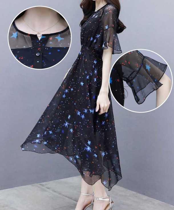 きれいめワンピース 30代 カジュアル 20代 30代 40代 50代 ファッション 大きいサイズ S〜3XL 不規則なスカート シフォン 春 夏 フェミニン ガーリー シンプル 膝上丈 ロング 半袖 星柄 スター 柄 シアー シースルー