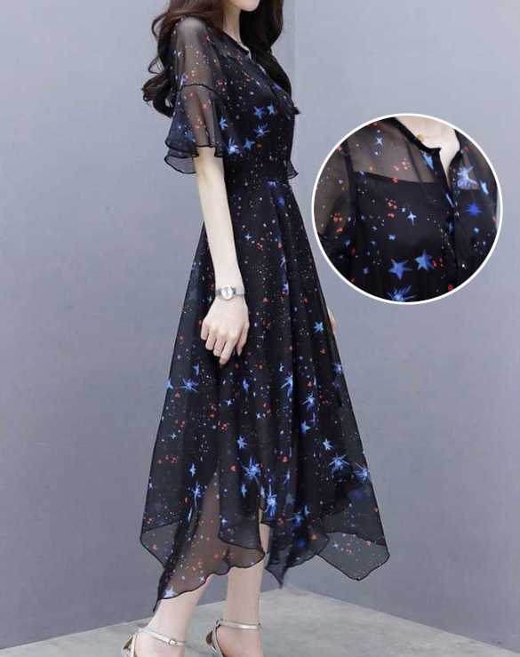 きれいめワンピース 30代 カジュアル 20代 30代 40代 50代 ファッション 大きいサイズ S〜3XL 不規則なスカート シフォン 春 夏 フェミニン ガーリー シンプル 膝上丈 ロング 半袖 星柄 スター 柄 シアー シースルー