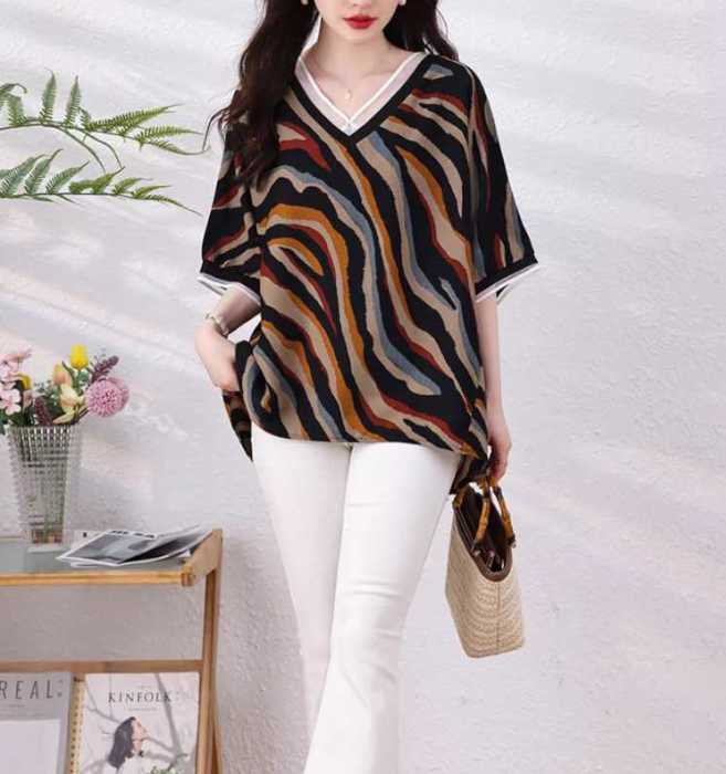 『2024新作』 きれいめレディースファッション トップス 大きいサイズ L/XL/2XL/3XL/4XL/5XL 不規則ストライプ柄 ブイネック フェイクツーピース 20代 30代 40代 50代 春 夏 秋 冬 豹柄 アニマル柄風 大人シャツ シフォン 半袖 七分袖 ポリエステル繊維30％ その他70%のサムネイル
