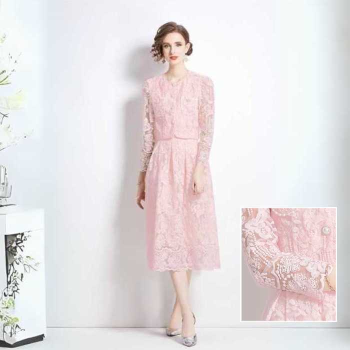 【クーポン利用で全品10%オフ】4/17 23:59まできれいめ レディースファッション 総レース セットアップ S/M/L/XL/2XL 総レースの丸首ジャケット×フレアスカート スーツ 20代 30代 40代 50代