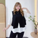 ぽっちゃり 50 代 ファッション 痩せて見える レイヤードシャツ フェイクツーピース 大きいサイズ XL~4XL 黒×白 七分袖 袖有 ラウンドネック カジュ...