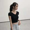 楽天Furure自分へのご褒美 細みえ 細見英 きれいな服 韓国 ファッション レディース トップス Tシャツ リブ サマーニット 背中あき 背中見せ Vネック スリム セクシー 半袖 無地 大人可愛い きれいめ