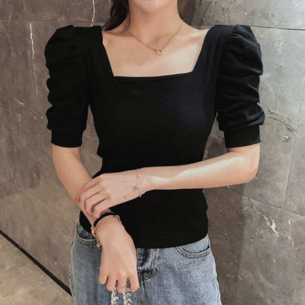 きれいめ レディース ファッション トップス レディース カットソー パフスリーブ スクエアネック 無地 五分袖 半端袖 大人可愛い 通学 お出かけ デート 女子会 ブラック ホワイトのサムネイル