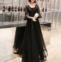 きれいめレディースファッション パーティードレス シフォンドレス 大きいサイズ XL〜4XL ロング丈 結婚式 黒 ブ Vネック マキシ丈 シアー袖 レース 袖...