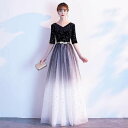 きれいめ パーティードレス 大きいサイズ XL〜4XL 結婚式 ブイネック ベロア キラキラ マキシ丈 チュール 異素材 グラデーション ロングドレス お呼ばれ...