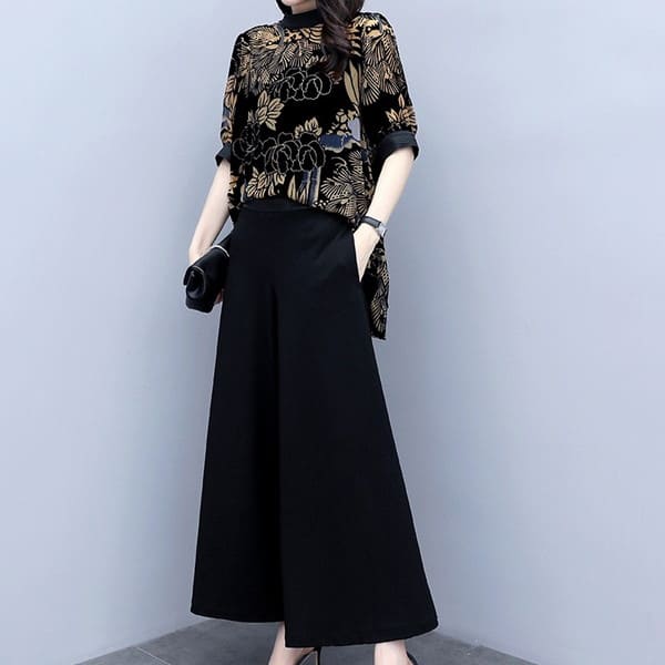 きれいめレディースファッション パンツドレス 大きいサイズ S/ M/L/XL/2XL/3XL 花柄 フラワー シフォンスーツ 黒 ブラック 光沢柄 結婚式 お呼ばれ パーティー パンツ ワイドレッグパンツ スーツ セットアップ 韓国 大きいサイズ 五分袖 半袖 ゆったり 上下 2点セット 上品