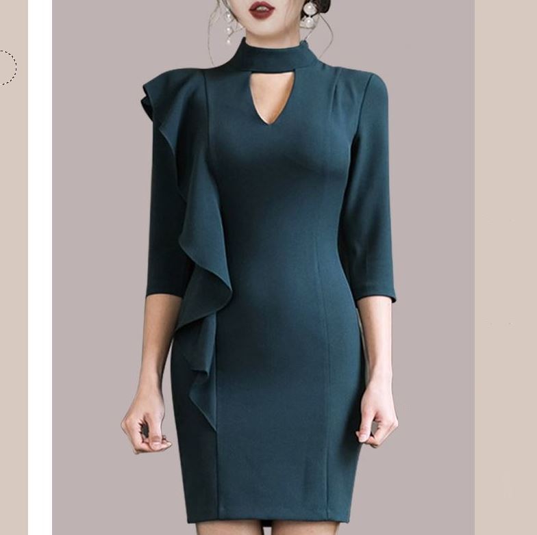 きれいめレディースファッション 韓国ファッション S M L XL 大きいサイズ 30代 40代 50代 パーティードレス きれいめワンピース アシンメトリー 肩フリル ラッフルフリル チョーカー風 肌見せ セクシー タイト ミニ ワンピース 七分袖 きれいめ 上品 春 秋