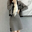 きれいめレディースファッション 韓国ファッション 大きいサイズ S/M/L/XL 30代 40代 50代 きれいめ セットアップ ツーピース 2点セット ニット カーディガン 長袖 スカート ミニ 台形 タイト スリム 白黒 千鳥格子 千鳥チェック 柄 バイカラー 秋 冬(4)
