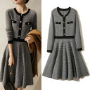 きれいめレディースファッション 韓国ファッション 大きいサイズ S/M/L/XL 30代 40代 50代 きれいめ 大人 ワンピース ニットワンピース フロントボタン Vネック 長袖 膝上 膝丈 フレア Aライン スリム 白黒 千鳥格子 千鳥チェック 柄 バイカラー 上品 ウール100