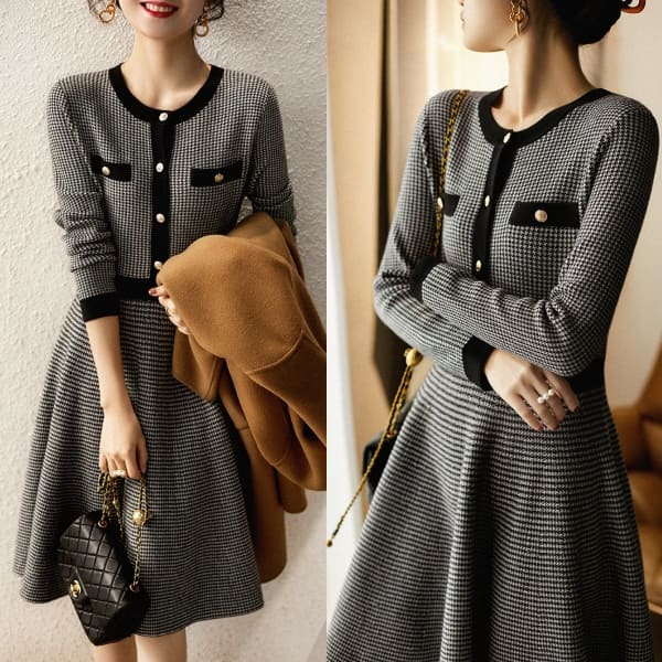 きれいめレディースファッション 【送料無料】 韓国ファッション 大きいサイズ S/M/L/XL 30代 40代 50代 きれいめ 大人 ワンピース ニットワンピース フロントボタン Vネック 長袖 膝上 膝丈 フレア Aライン スリム 白黒 千鳥格子 千鳥チェック 柄 バイカラー 上品 ウール100