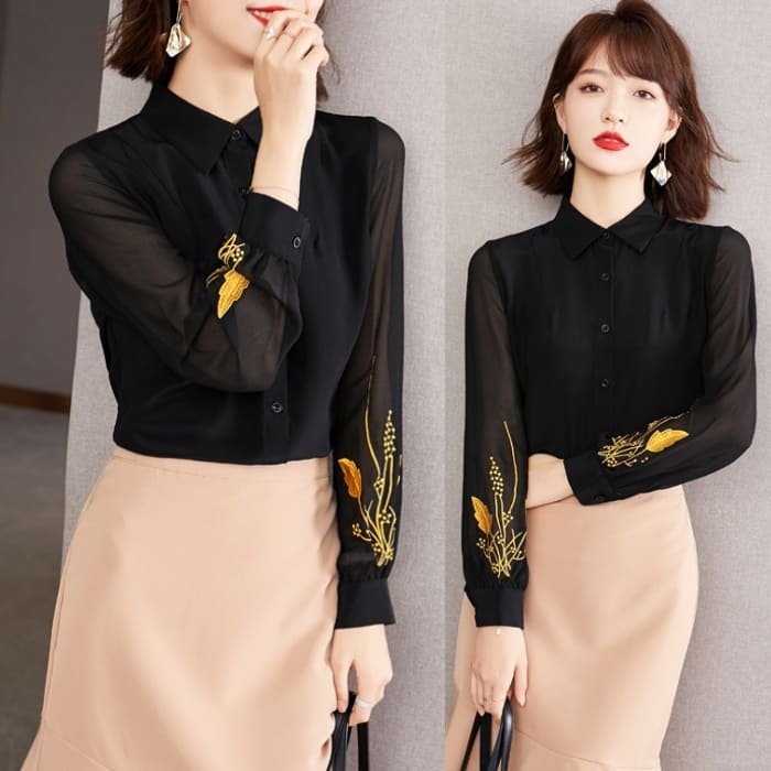 きれいめレディースファッション 韓国ファッション レディース 大きいサイズ 長袖 S/M/L/XL/2XL トップス シースルー シアーシャツ ブラウス 前ボタン 薄手 袖刺繍 袖コンシャス 大人 エレガント 上品 20代 30代 40代 50代 ミセス OL ファッション オフィス フォーマル 春 秋