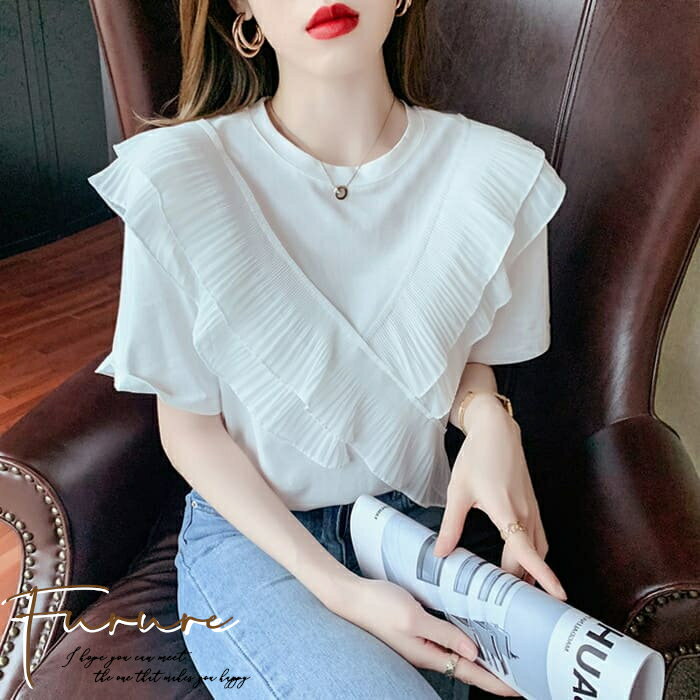 きれいめレディースファッション 韓国ファッション レディース S/M/L/XL トップス カットソー Tシャツ 半袖 フロントフリル クロスフリル フリル フリルトップス 異素材 クルーネック プルオーバー 夏 夏服 大人 可愛い 上品 きれいめ おしゃれ 20代 30代 40代 50代 白 黒のサムネイル