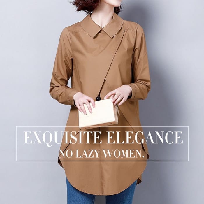 きれいめレディースファッション 韓国ファッション レディース 2色 大きいサイズ M/L/XL/2XL/3XL/4XL 春 秋 トップス シャツ ブラウス チュニック 長袖 クロスデザイン ゆったり 体型カバー 着痩せ 細見え モード 無地 ブラック 黒 ブラウン 30代 40代 50代 60代 ミセスのサムネイル