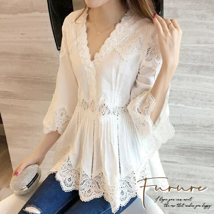 きれいめレディースファッション 韓国ファッション レディース 春 夏 秋 大きいサイズ S/M/L/XL/2XL トップス 可愛いトップス シャツ ブラウス 七分袖 Vネック レース レーストップス フレア ペプラム ゆったり 体型カバー 着痩せ 細見え 30代 40代 50代女性 白 ホワイトのサムネイル
