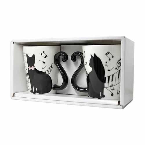 ツインマグ 黒猫 ペアマグ ピアノ(黒ネコしっぽマグ ギフト箱入り プレゼント 贈り物 誕生日 結婚祝い)